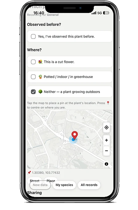 Placing a plant on the map: tick boxes for whether it is growing outdoors, and a pin dropped on a street map.