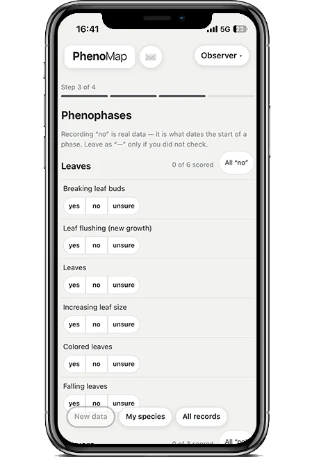 The phenophase form: the Leaves group, with breaking leaf buds, leaf flushing, leaves, increasing leaf size, coloured leaves and falling leaves, each offering yes, no and unsure.